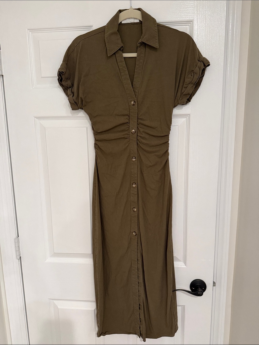 Zara Olive Green khaki Button-Front Ruched Midi Dress